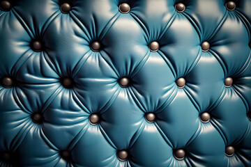 Blue leather quilted cushion background, couch texture closeup studded with buttons, seamless pattern for design, wallpaper