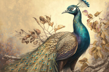 Peacock on the background of nature , Vintage art , Generative AI
