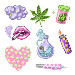 Set of Marijuana. Legalize cannabis. smoking weed. Vector illustration of weed