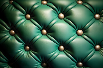 Green leather quilted cushion background, couch texture closeup studded with tan buttons, seamless pattern for design, wallpaper