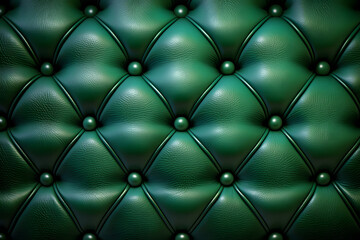 Kelly green leather quilted cushion background, couch texture closeup studded with buttons, seamless pattern for design, wallpaper