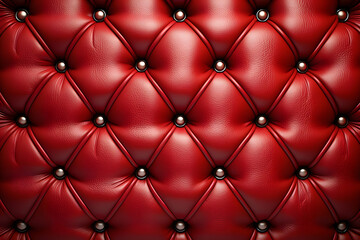Red leather quilted cushion background, couch texture closeup studded with metal buttons, seamless pattern for design, wallpaper