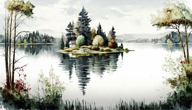 Lake in forest watercolor landscape, reflection of trees in water, Generative AI nature background