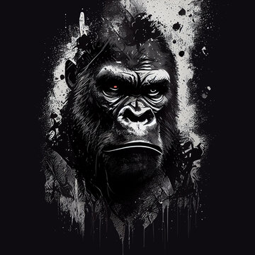 Gorilla face art. Gorilla animal portrait illustration. Jungle monkey character graphic, black creative color drawing. King of wildlife, strong and danger silverback power, primate head. Ai generative
