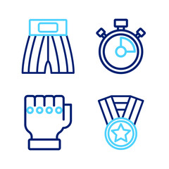 Set line Medal, MMA glove, Stopwatch and Boxing short icon. Vector