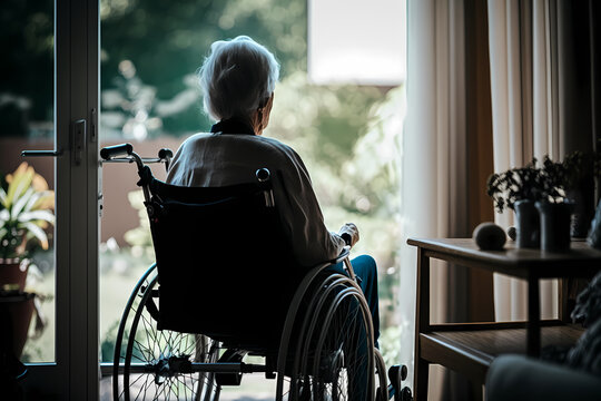 Lonely and sad elderly person in wheelchair in home nursing looking out window, back view. Concept life of paralysis senior loneliness. Generation AI