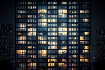 Lot of glowing skyscraper windows at night, lights are on office, business working. Generation AI