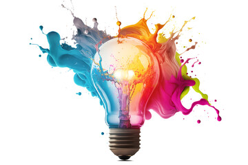 Concept Generation of creative ideas and art brainstorming. Electric light bulb symbol with splashes of colored paint. Generation AI