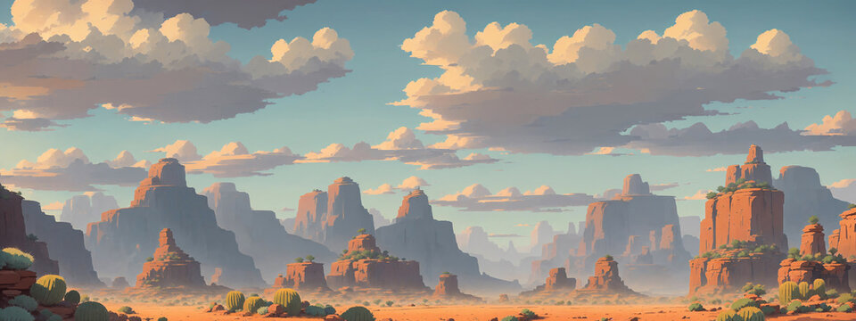 Wild west prairies, western vintage mountains. Concept painting of a beautiful western background. AI. 4k, 8k, panorama.