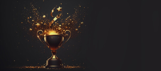 Cup Champion golden prize with splash on dark background banner. Concept winner award. Generation AI