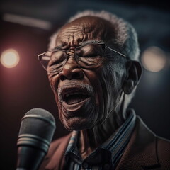 Portrait, elderly Cuban man singing on a music club, Ai Generative. - obrazy, fototapety, plakaty