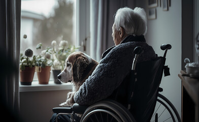 Fototapeta na wymiar Lonely sad elderly Senior person in wheelchair in nursing home looking out window with pet dog. Concept friendship animal and people. Generation AI