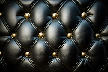 Black shiny leather quilted cushion background, couch texture closeup studded with brass buttons, seamless pattern for design, wallpaper