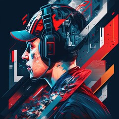Cyber sportsman in headphones playing video game on his powerful gaming PC in dark neon room at night. Pro gamer participates in online esport tournament. Generative AI
