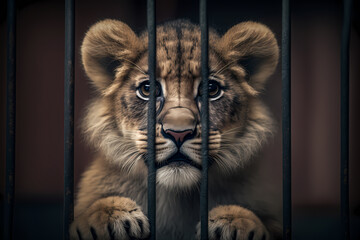 Concept Unlawful smuggling of exotic animals, illegal zoo. Portrait of small lion behind bars in lattice cage. Generation AI