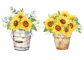 Watercolor sunflowers bouquet, hand painted sunflower bouquets with greenery, sunfower flower arrangement. Sunflower Farmhouse decor. Watercolor floral. Botanical Drawing. White background.	