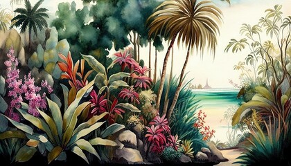 Watercolor tropical paradise with palm trees and flowers, Generative AI watercolor background