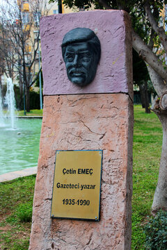 Antalya, Turkey - February 4, 2023: Monument to Cetin Emec, a Turkish journalist, columnist and editor of Hurriyet newspaper, in Democracy Park.