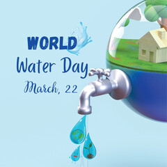 World water day 2023 card. Save water save lives. Water day 3d concept. Fresh green water drop.