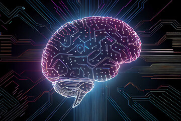 Leuchtendes menschlichen Gehirn mit Symbolen der Technologie drum herum. Künstliche Intelligenz Konzept - Generative Ai