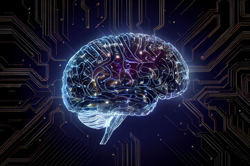 Leuchtendes menschlichen Gehirn mit Symbolen der Technologie drum herum. Künstliche Intelligenz Konzept - Generative Ai