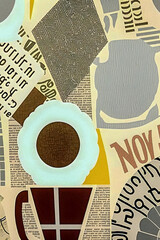 Coffee and newspaper pattern, vintage collage art Generative AI