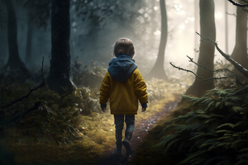 Obraz premium A child walking in the forest in a foggy weather.Back view.Created with generative ai