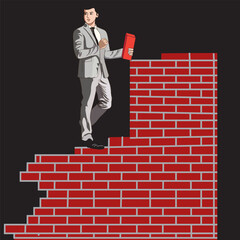 a man in a suit is examining the neatly arranged red bricks

