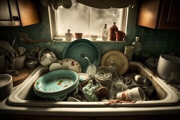 Lots of dirty dishes in the sink. AI generated.