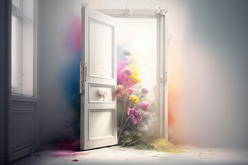 Open door into a white room with an explosion of colors. AI generated.