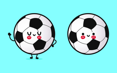 Cute funny Soccer ball waving hand. Vector hand drawn cartoon kawaii character illustration icon. Isolated on blue background. Soccer ball character concept
