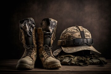 Boots, helmet and military uniform. AI generated.
