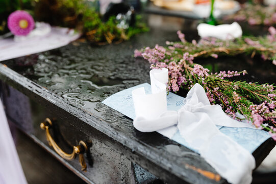 Wet tabletop with lavender