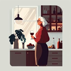 Elderly Caucasian woman enjoys a glass of red wine and remembering pleasant moments minimalistic illustraion AI Generation