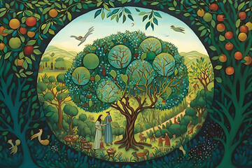 Happy Tu BiShvat, 15th of Shevat (Tu B'Shvat), a Jewish holiday representing New Year of the Trees, also celebrated as an ecological awareness day. High Quality Illustration. Ai Generative.