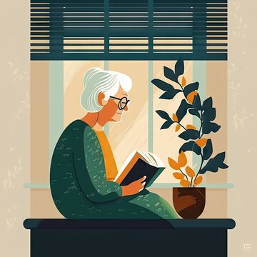 An elderly woman has finished reading a book and is thinking about wha minimalistic illustraion AI Generation