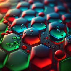 Red Green Blue hyperrealistic hexagonal bubbles on a big surface - Created with Generative AI Technology