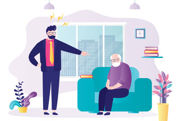 Family violence and bad relations between relatives. Bullying, lay blame, concept banner. Adult son yells at elderly man. Male character scream at grandfather.