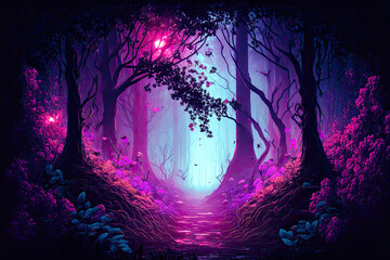 Fototapeta na wymiar Magic Forest with Purple Glow. Generative AI. 