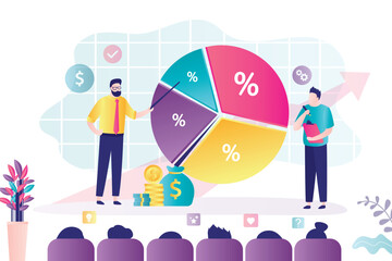 Focus group, concept. Business people doing consumer and market research, analyze data, get customers feedback, meeting at conference, presentation. Big diagram, graphs.