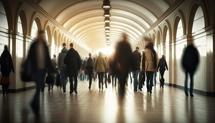 illustration of urban rush hour at underground train transit with blur defocused crowd of people