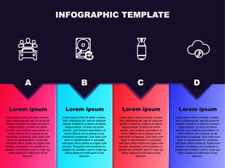 Set line Car sharing, Hard disk drive with clockwise, Aviation bomb and Music streaming service. Business infographic template. Vector