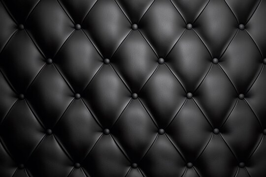 Black leather quilted cushion background, couch texture closeup studded with buttons, seamless pattern for design, wallpaper
