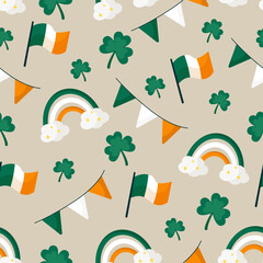 Seamless pattern with irish flags and shamrock. Rainbow and flags in irish colors. Flat style vector 