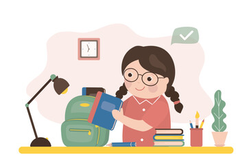 Smart girl elementary school student collects backpack. Little student puts school supplies in backpack. Home workplace. Cute caucasian girl.