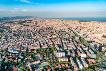 BARCELONA - December, 2020: Aerial helicopter view of Barcelona in Spain. Diagonal Avenue, which crosses the entire city