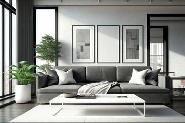 Fototapeta na wymiar Mockup Frame in Interior design of modern apartment, living room with sofa and coffee tables