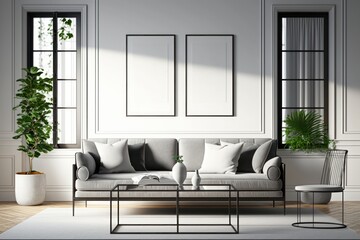 Mockup Frame in Interior design of modern apartment, living room with sofa and coffee tables