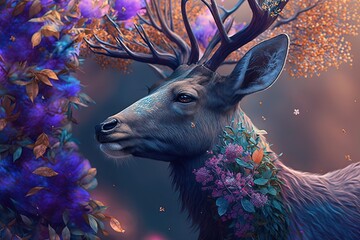 colorful enchanted deer in magic forest, Generative Ai