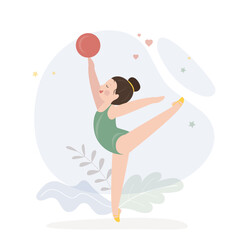 Little girl gymnast in sportswear with a ball. Rhythmic gymnastics classes, caucasian little child with sports equipment. Sports section, lesson. Flat vector illustration